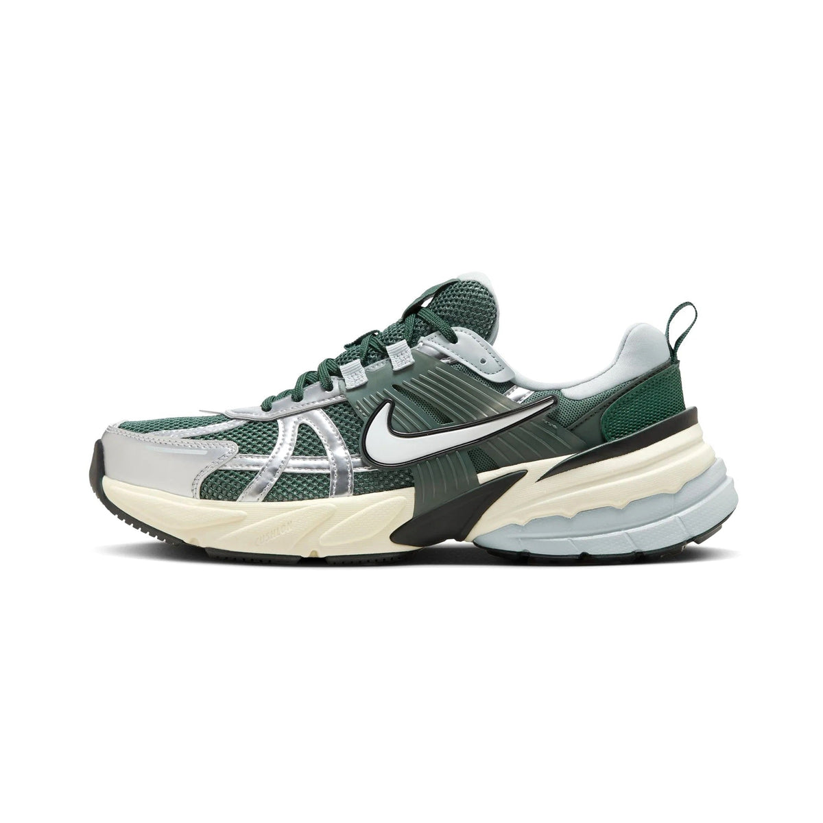 Vintage green Nike V2K Run sneakers with white panels and cream chunky sole
