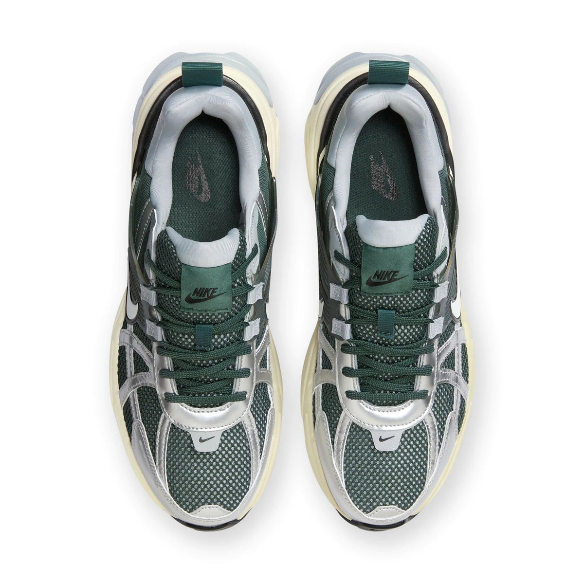 Nike V2K Run sneakers, vintage green uppers with white laces and cushioned collar
