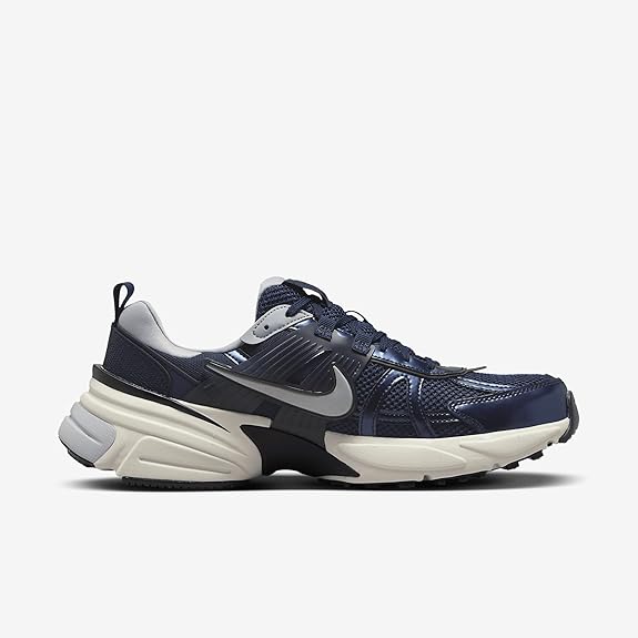 Men's Nike V2K Run low-top sneakers, navy knit upper with swoosh and white sole