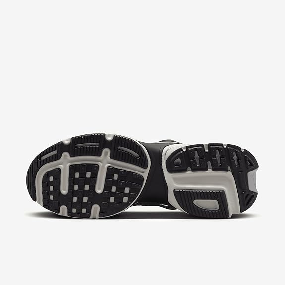 Men's Nike V2K Run outsole view, dark rubber tread with white midfoot panel