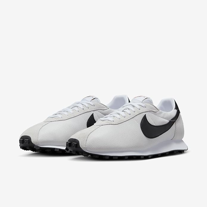 Men's white running shoes, side view, black Swoosh and lace-up