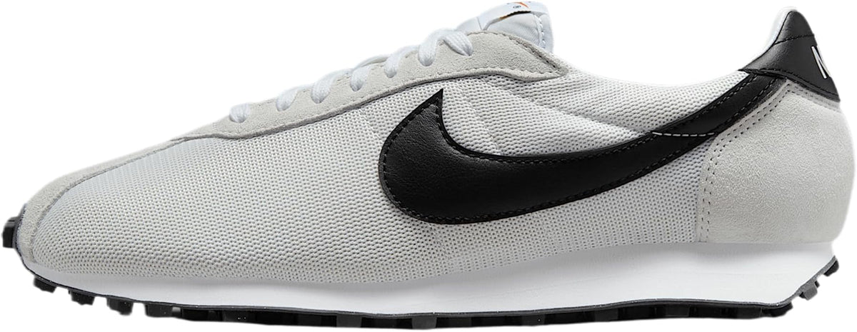 Men's white low-top running shoes with black Swoosh, lace-up, textured knit upper