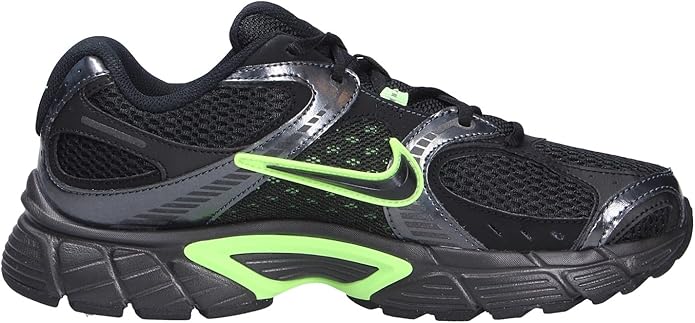 Men's Nike V5 RNR running shoes, side view with black mesh, neon green swoosh, silver trim