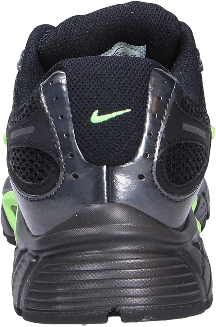 Men's Nike V5 RNR running shoes, heel view with black upper, silver panels and neon green swoosh