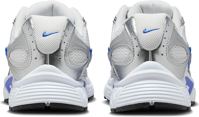Nike V5 RNR running shoes heel view, white mesh with blue accents and padded collar