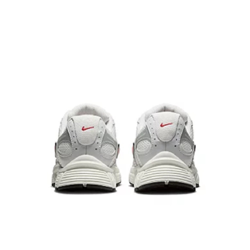 Men's Nike running shoes, white back view with red logo and cushioned heel