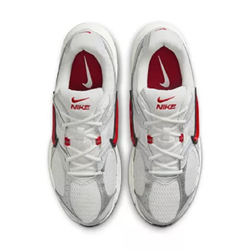 Men's Nike running shoes, white with maroon tongue lining and red heel tabs, front view