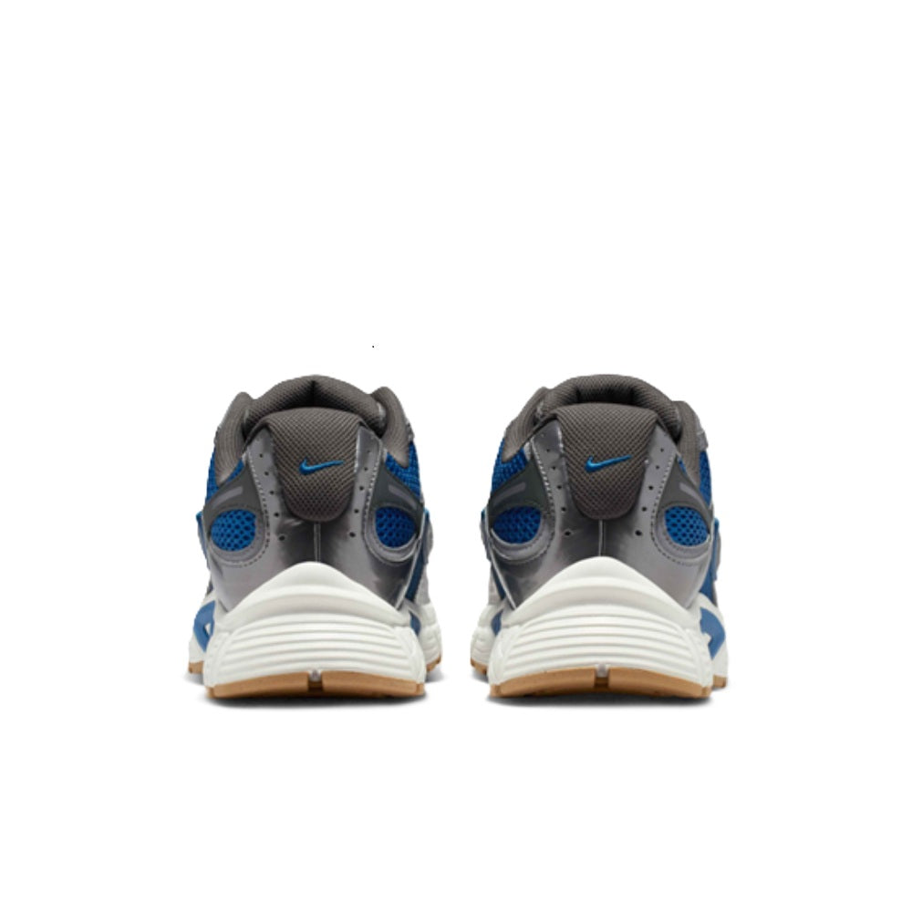 Nike sneakers heel view with blue accents, gray collars, and white midsole cushioning