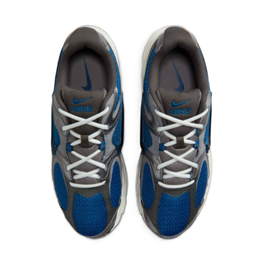 Nike sneakers front view with blue mesh, gray panels, white laces, and Nike Swoosh
