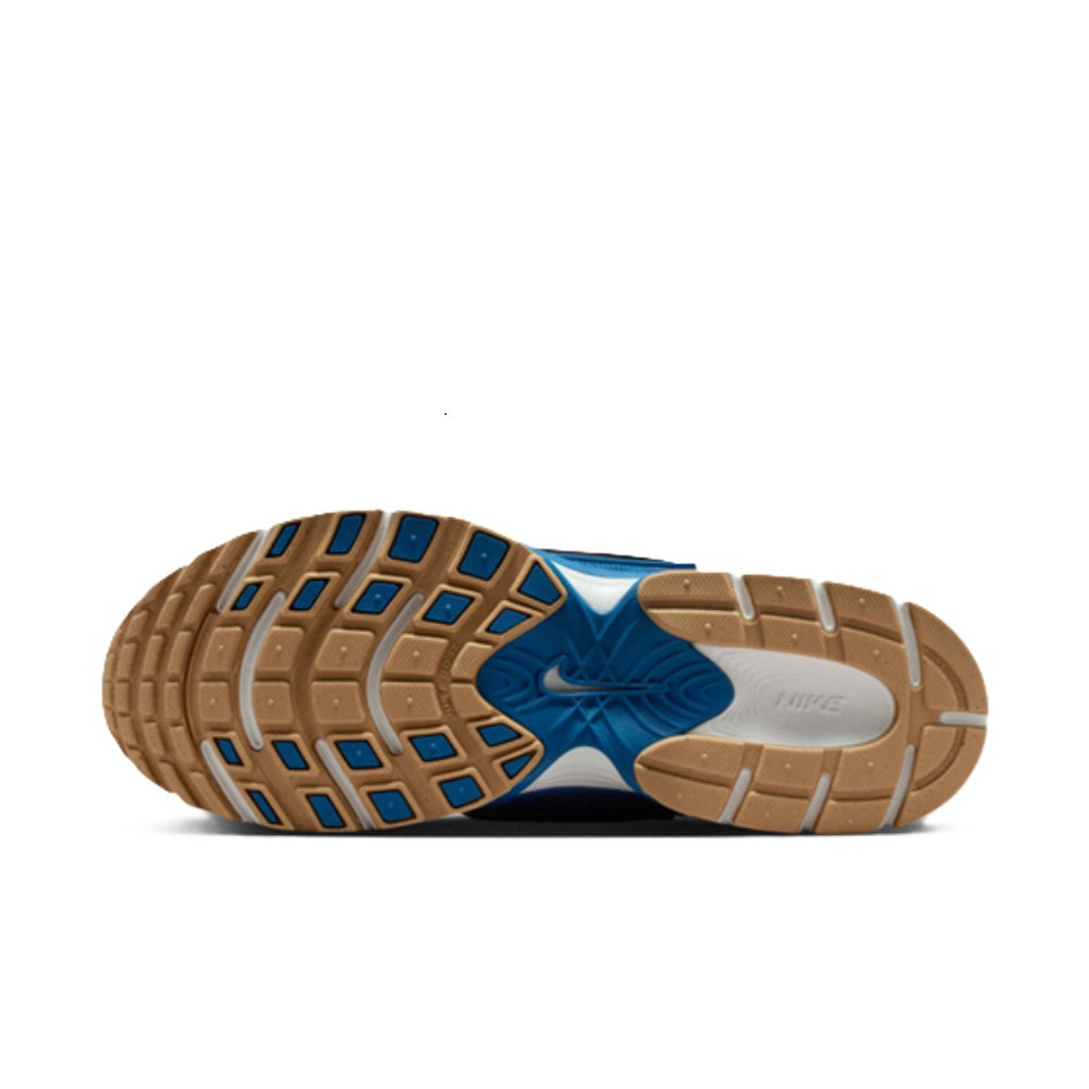 Nike sneaker outsole with brown traction tread and blue-and-gray sole unit
