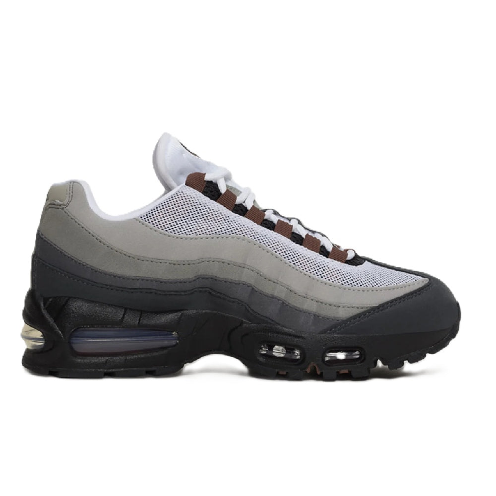 Nike Air Max 95 sneakers, gray mesh with black overlays, brown-white lace accents