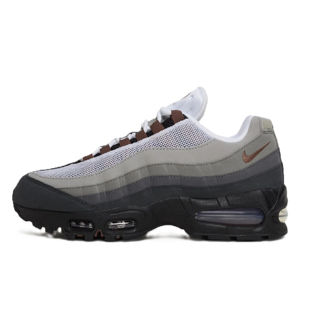 Nike Air Max 95 sneakers, side view with air units, gray upper and brown collar detail