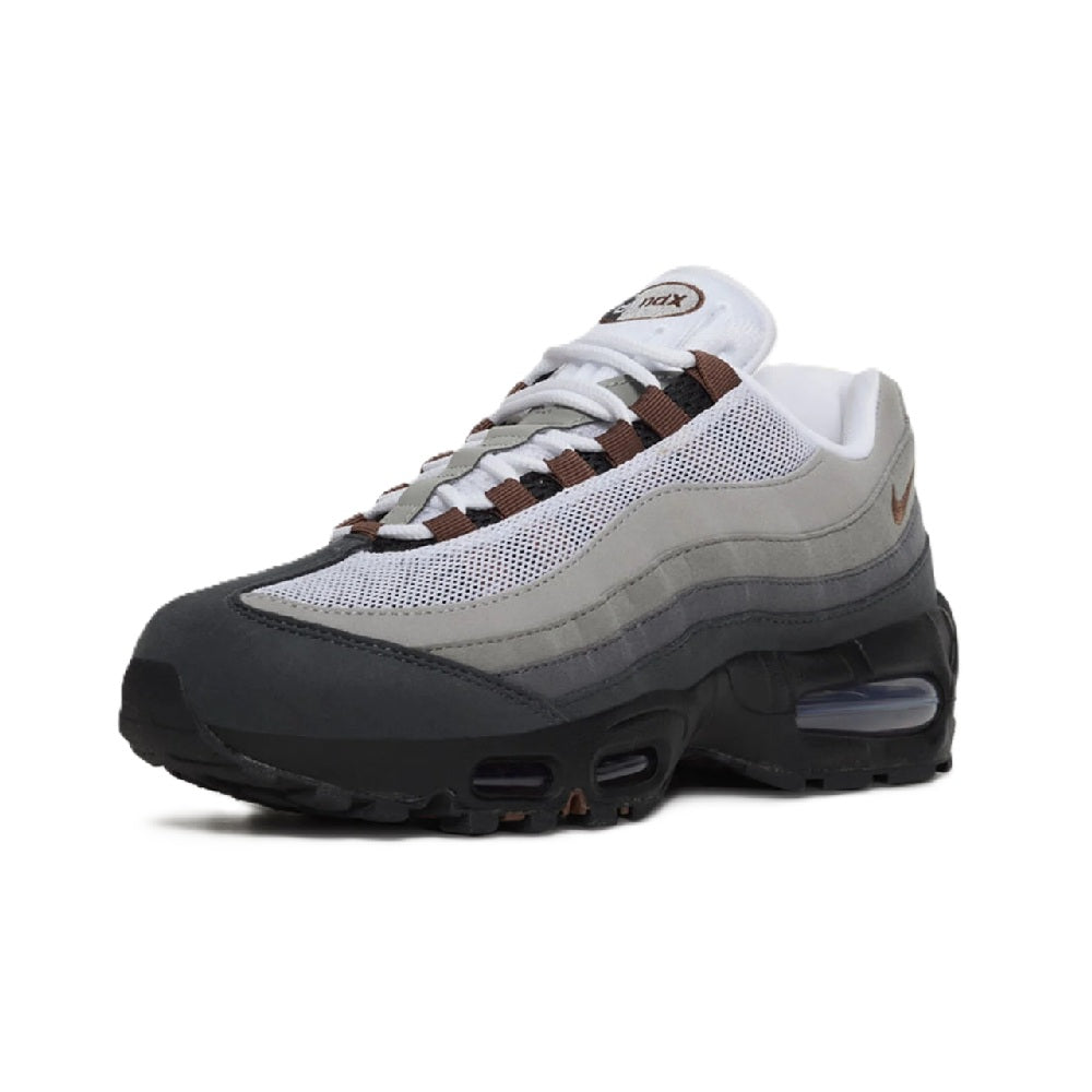 Nike Air Max 95 sneakers, front three-quarter view, gray mesh with black toe and air unit