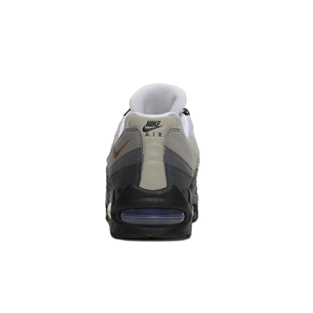 Nike Air Max 95 sneakers, heel view with "NIKE AIR" label, black and gray panels