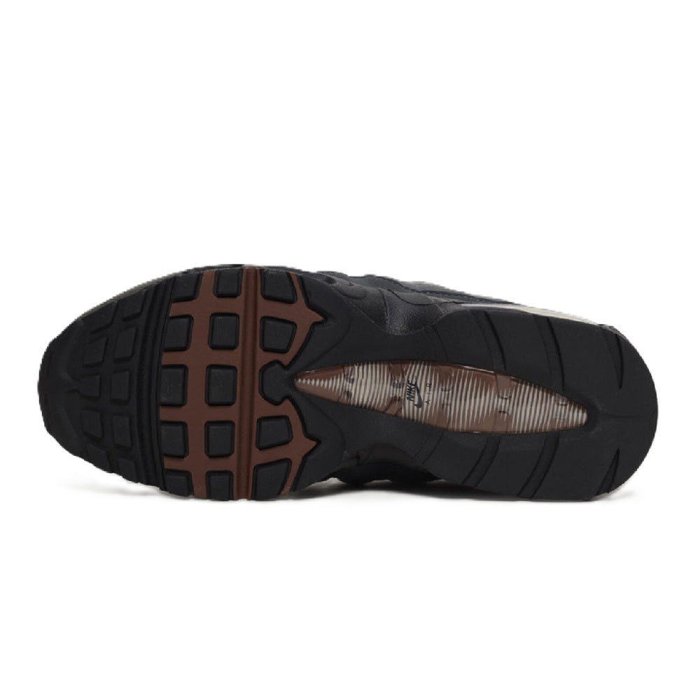 Nike Air Max 95 outsole view, black tread with brown insert detail under the heel