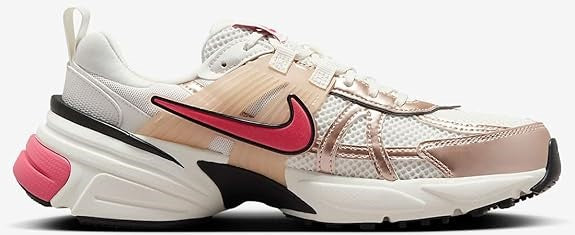 Women's Nike V2K runner sneaker with rose and white upper, maroon swoosh, side angle