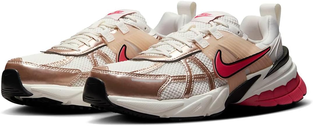Women's Nike V2K runner sneaker pair, beige and white mesh with maroon swoosh, 3/4 view