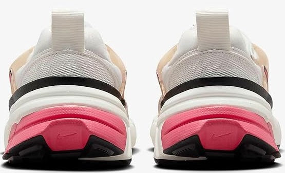 Women's Nike V2K runner sneaker heels, white straps and hot pink outsole with black trim