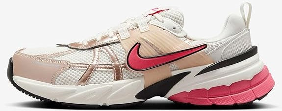 Women's Nike V2K runner sneaker in pale pink, white, and hot pink accents, side view