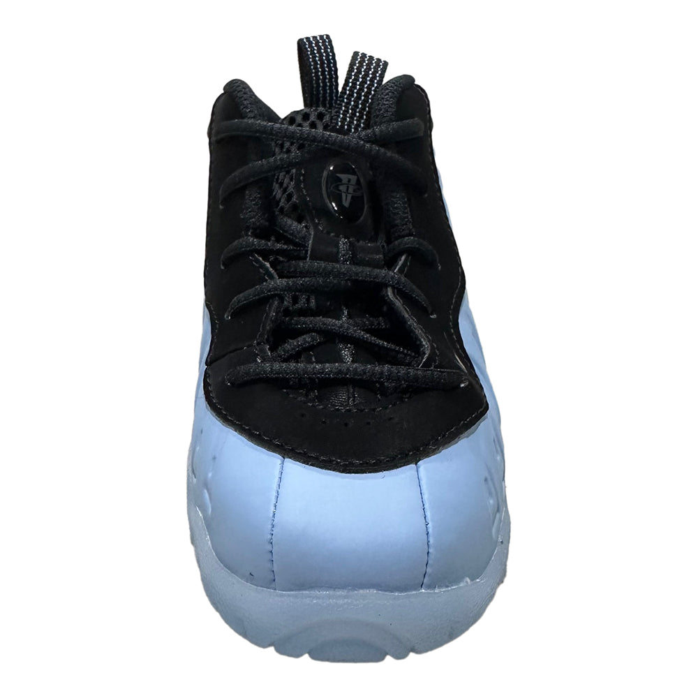 Toddler high-top sneakers with black upper, light blue panels, and lace-up front