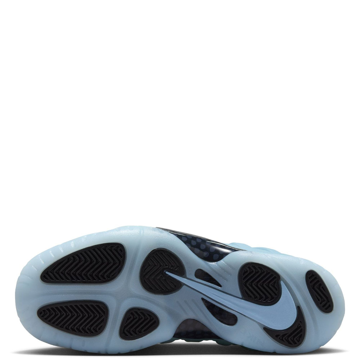Kids basketball shoe outsole with light blue tread and dark rubber traction pods