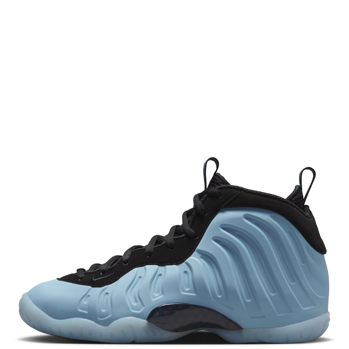 High-top kids basketball shoe with black upper, light blue molded sole, and lace-up front