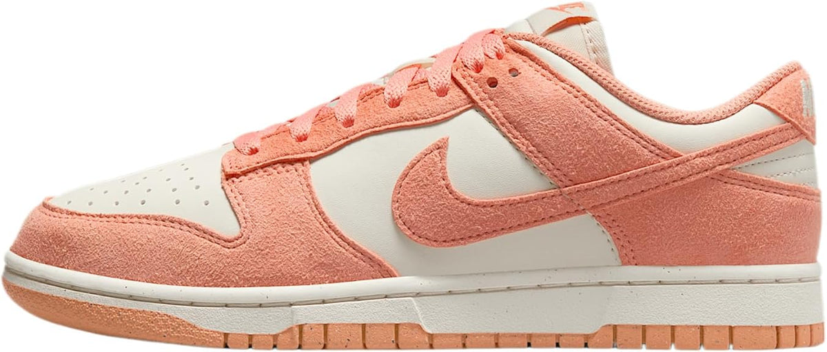 Women's Nike Dunk Low sneakers, peach suede with white panels and gum outsole