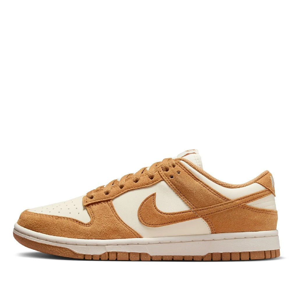 Women's Nike Dunk Low sneakers, tan suede panels with white overlays and gum sole
