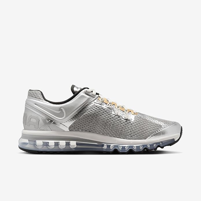 Nike Air Max 2013 men's metallic silver sneakers, heel logo, gold laces and blue sole