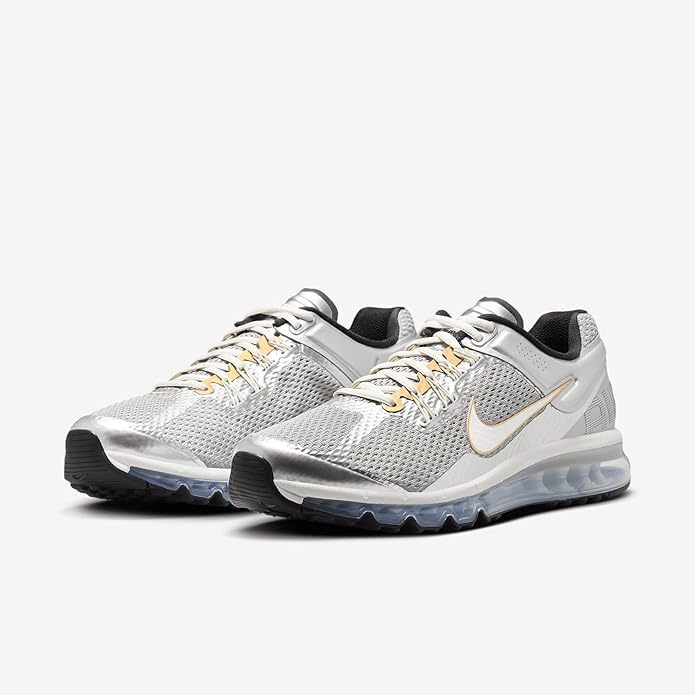 Nike Air Max 2013 men's metallic silver mesh sneakers, gold Swoosh, blue cushioning