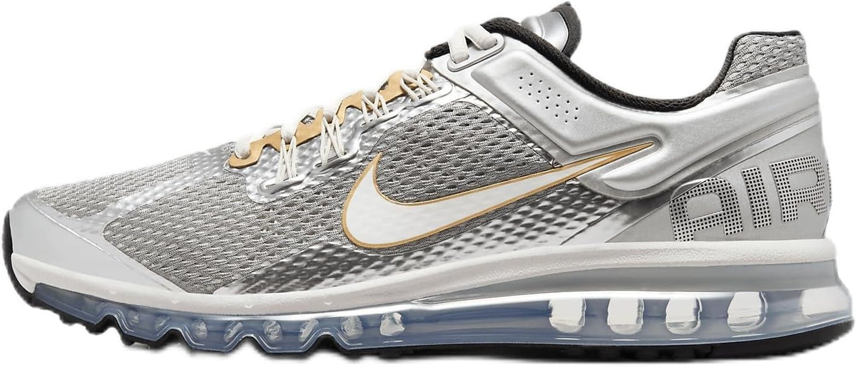 Nike Air Max 2013 men's metallic silver mesh sneakers, gold Swoosh, blue Air sole