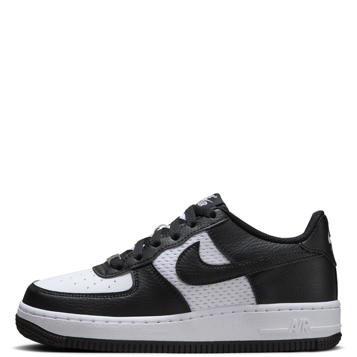 Kids' Air Force 1 sneakers, black and white with perforated toe and Nike Swoosh