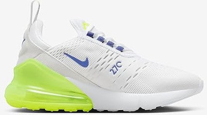 Kids Nike Air Max 270 BG sneaker side view: white mesh, blue laces, neon green air unit