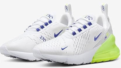Kids Nike Air Max 270 BG sneaker angled view: white knit with blue swooshes and neon green sole