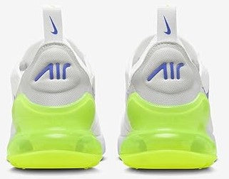 Kids Nike Air Max 270 BG sneaker heel view: neon green heel, blue accents, white upper