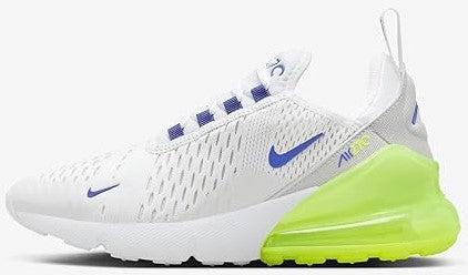 Kids Nike Air Max 270 BG sneaker: white knit, blue swoosh, neon green air sole