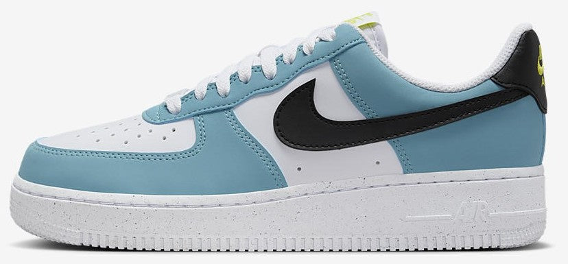Nike Air Force 1 low sneakers with light blue leather panels and black swoosh
