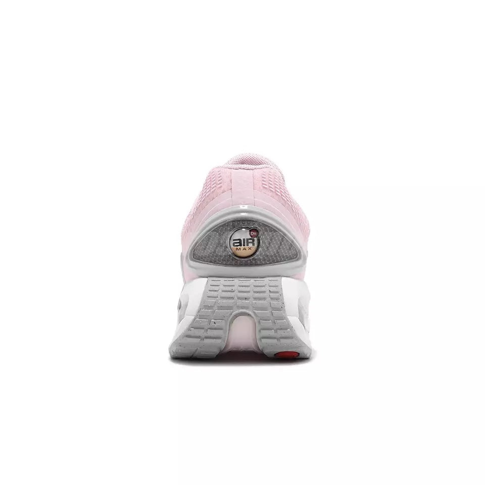 Nike women's running sneaker heel view with pink collar and Air logo on gray panel