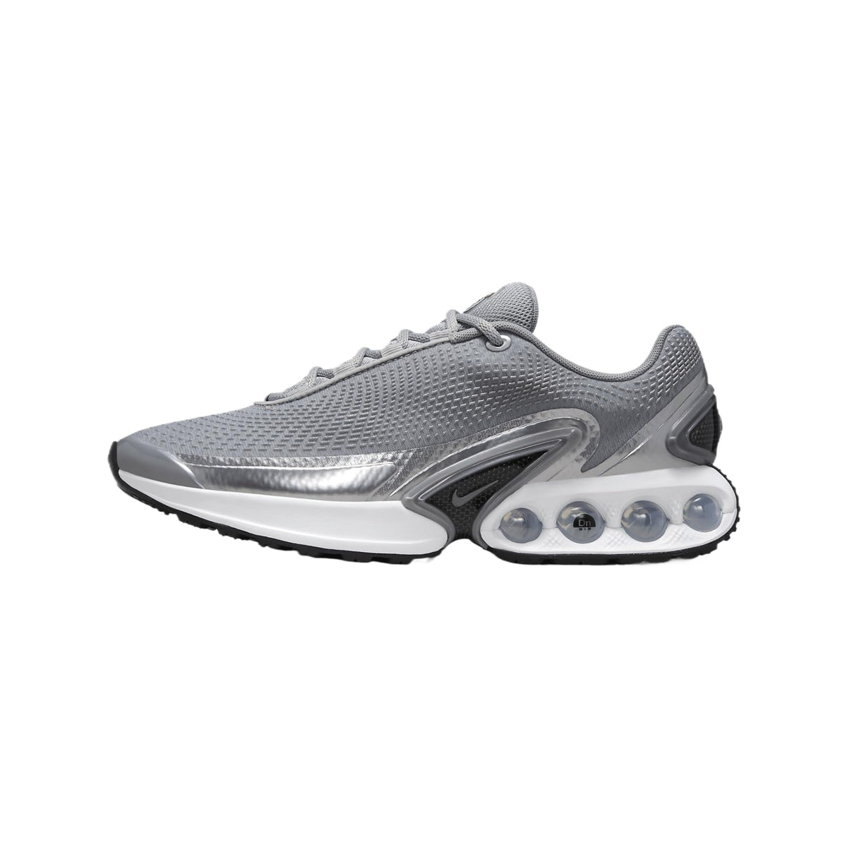 Metallic silver Nike Air running sneaker with mesh upper and visible air unit sole