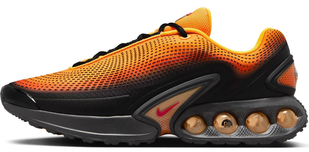 Men's Nike Air Max DN lace-up sneakers, orange perforated upper with black overlays and air sole