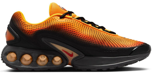 Men's Nike Air Max DN sneakers with orange mesh knit upper and black sole, lace-up