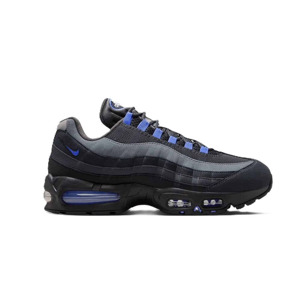 Nike Air Max 95 Big Bubble men's sneakers, black/gray upper, blue laces, visible Air unit