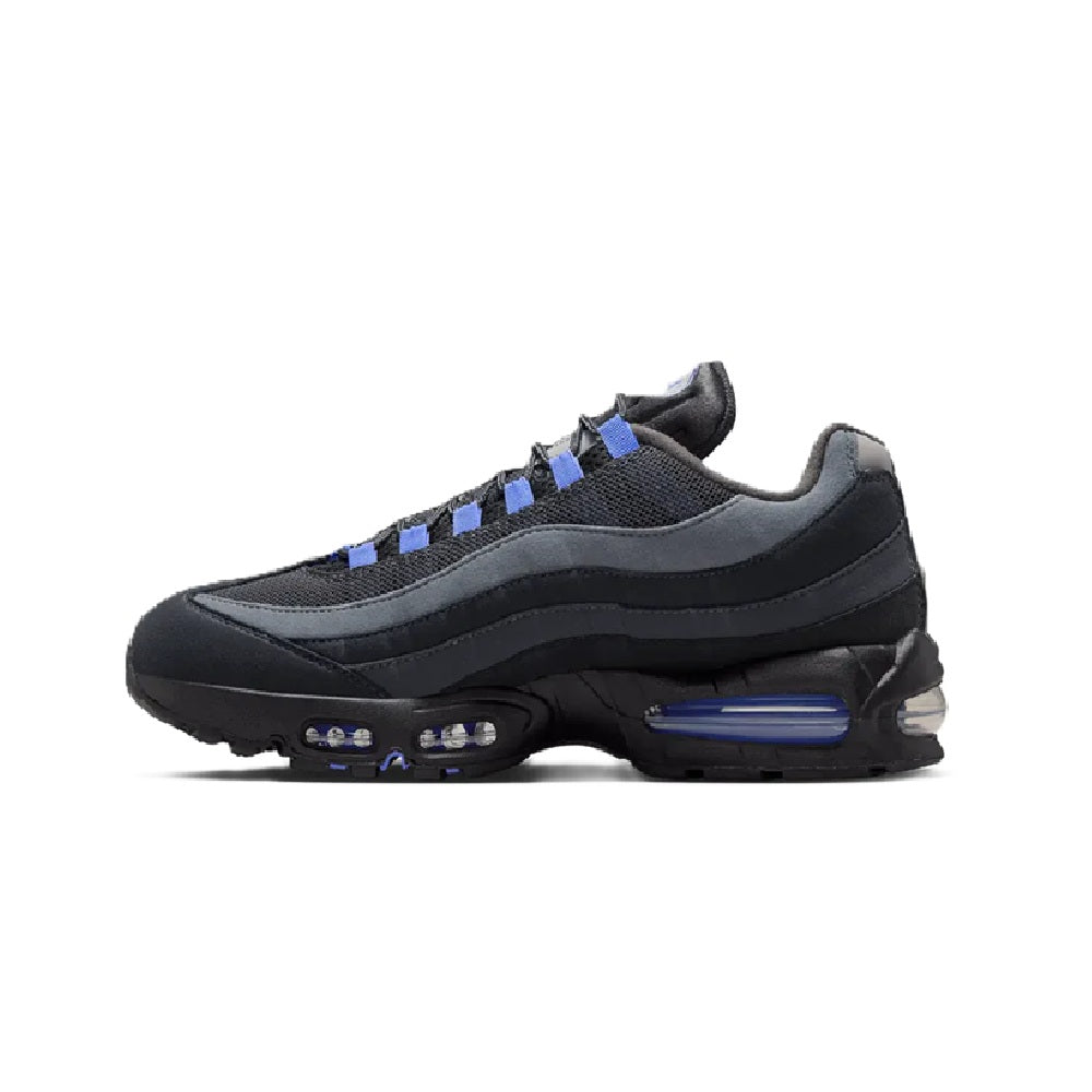Nike Air Max 95 Big Bubble men's sneakers, side profile with blue lace accents and Air bubble