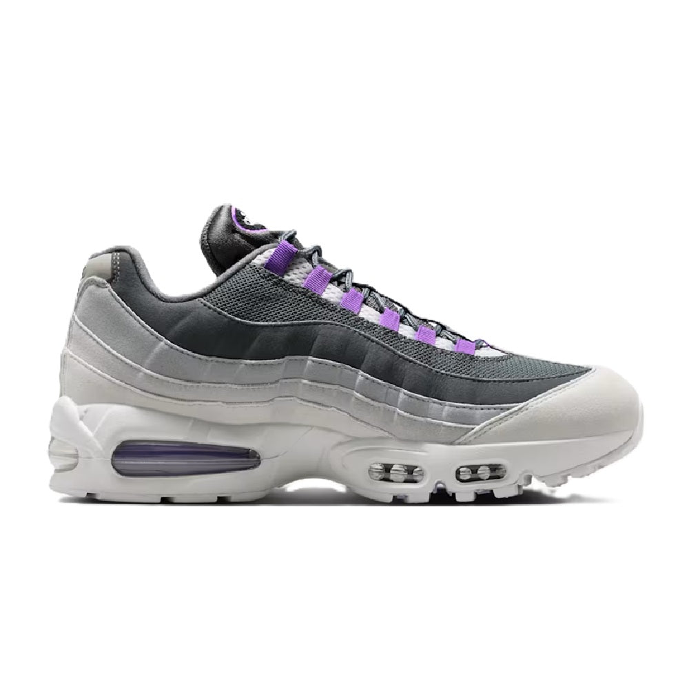 Men's Nike Air Max 95 sneaker in dark gray with purple laces and white sole