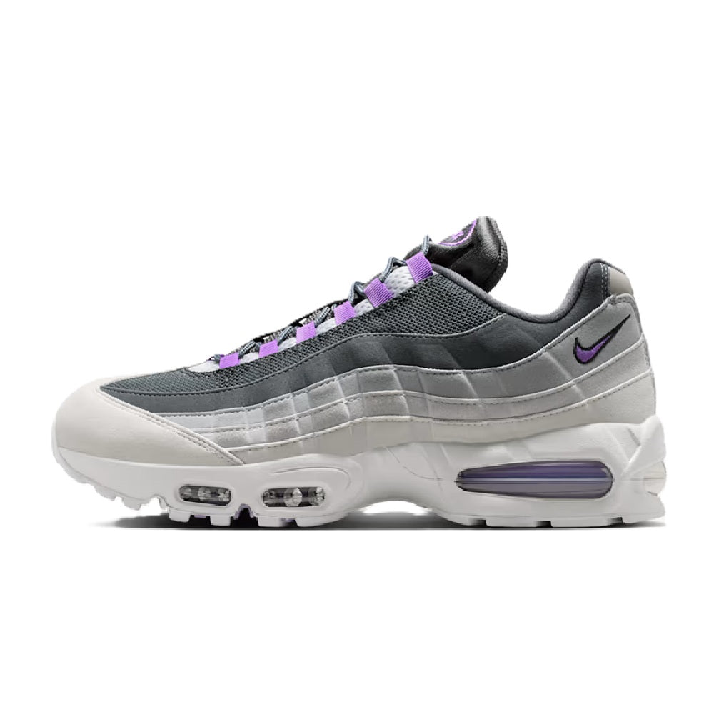 Men's Nike Air Max 95 sneaker, dark gray upper with purple trim and visible air units