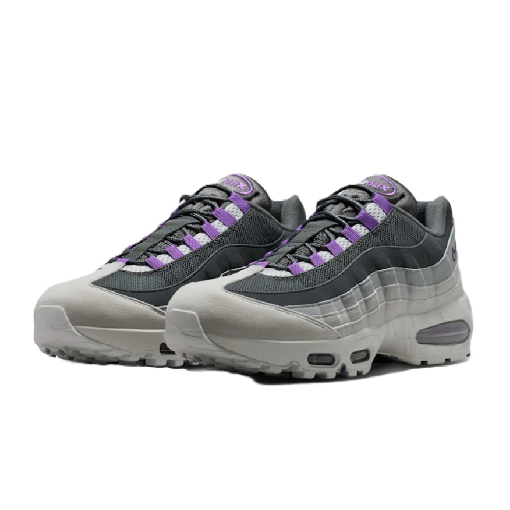 Men's Nike Air Max 95 sneakers, pair view with purple laces and gray mesh panels