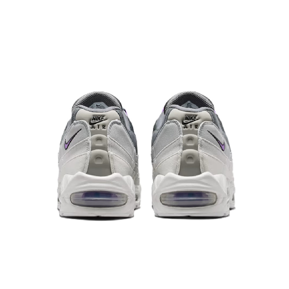 Men's Nike Air Max 95 heel view with Nike Air branding and purple swoosh accents