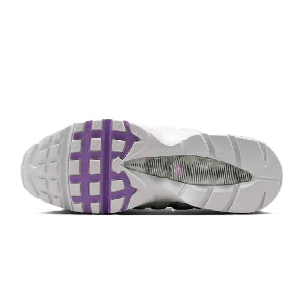 Men's Nike Air Max 95 outsole with purple grid tread and gray/white midsole