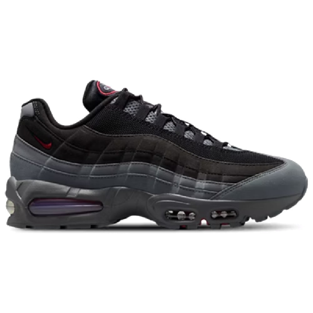 Men's black Air Max 95-style sneakers with visible Max Air unit and red accent