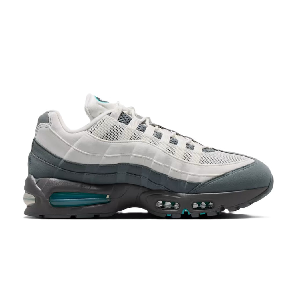 Air Max 95 sneakers with white mesh upper, dark teal overlays, visible Air unit